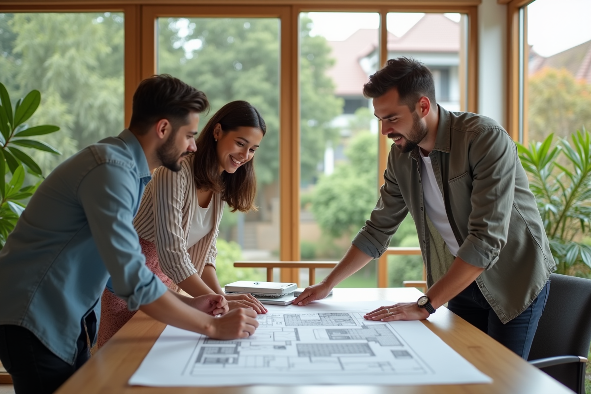 Agent immobilier expliquant un plan à un couple dans un bureau lumineux