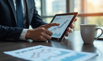 Professionnel en tenue d'affaires analysant un graphique financier sur une tablette