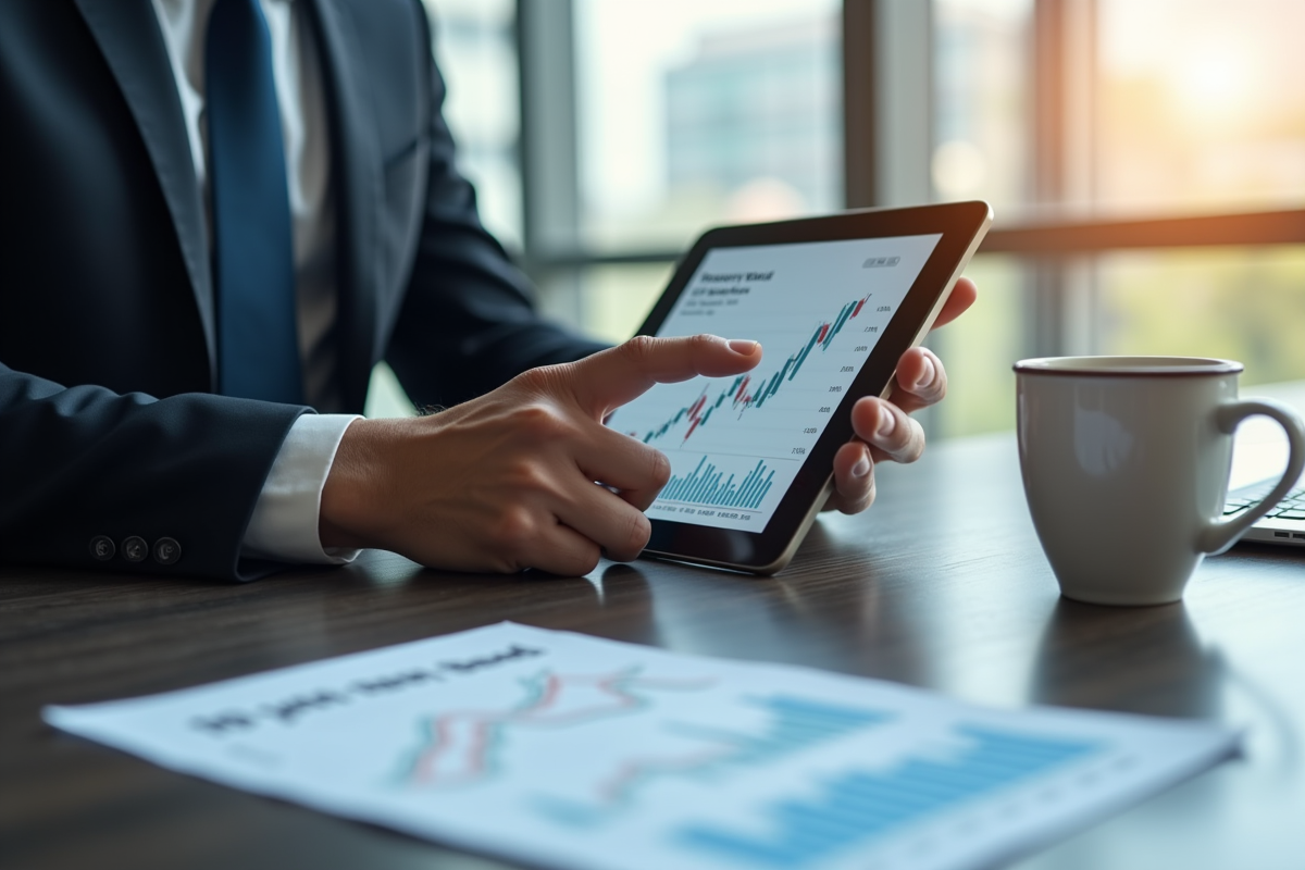 Professionnel en tenue d'affaires analysant un graphique financier sur une tablette