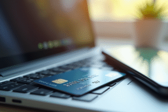 Carte bancaire moderne sur un clavier d'ordinateur avec smartphone