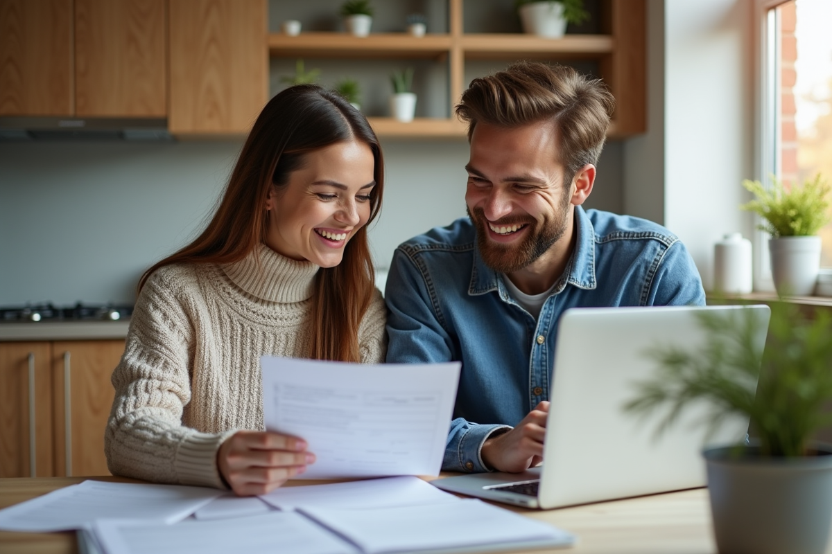 Couple souriant en cuisine en train de lire des documents