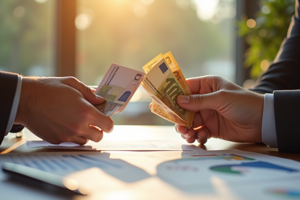 Deux mains échangeant des billets d euros lors d une discussion salariale