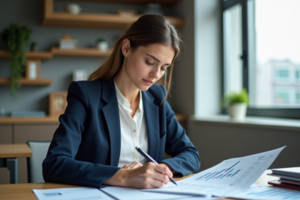 Femme d'affaires en pleine réflexion avec des feuilles de calcul