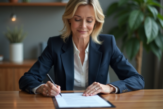 Femme d affaires en costume navy examine un contrat