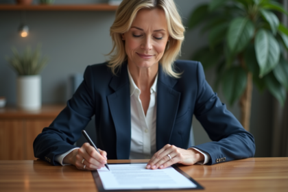 Femme d affaires en costume navy examine un contrat