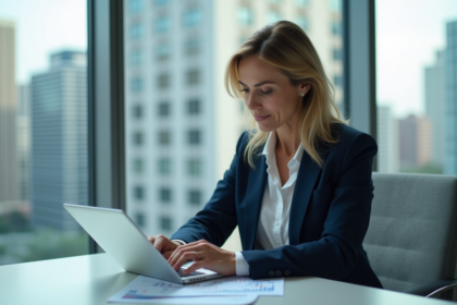 Femme d'affaires examinant des taux hypothécaires sur une tablette