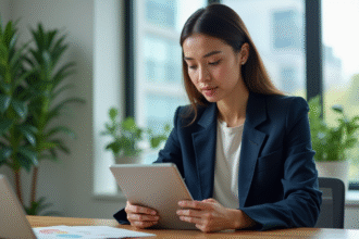 Femme d'affaires en costume bleu examine des certificats de compensation carbone