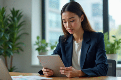 Femme d'affaires en costume bleu examine des certificats de compensation carbone