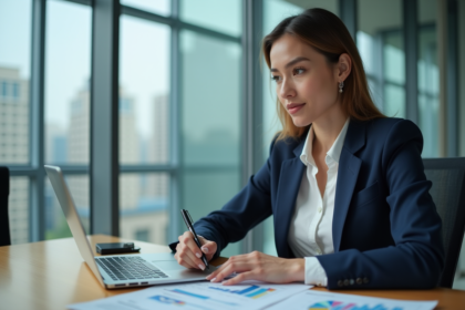 Femme d'affaires en réunion avec documents EBITDA