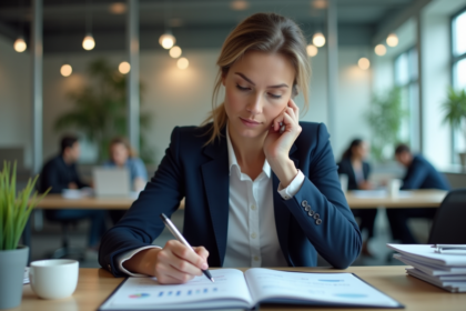 Femme d'affaires en costume bleu analyse un rapport financier