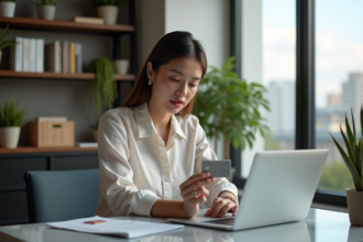 Femme d affaires regardant sa carte bancaire au bureau