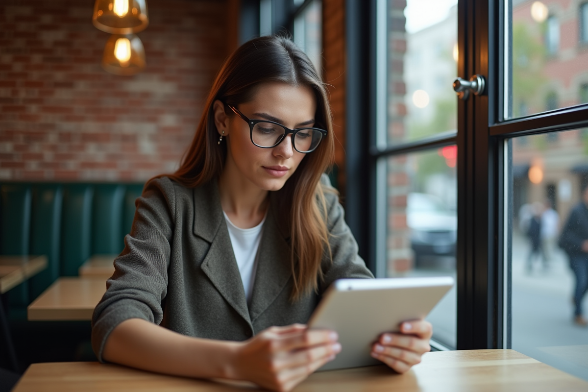 Jeune femme lisant des nouvelles financières au café