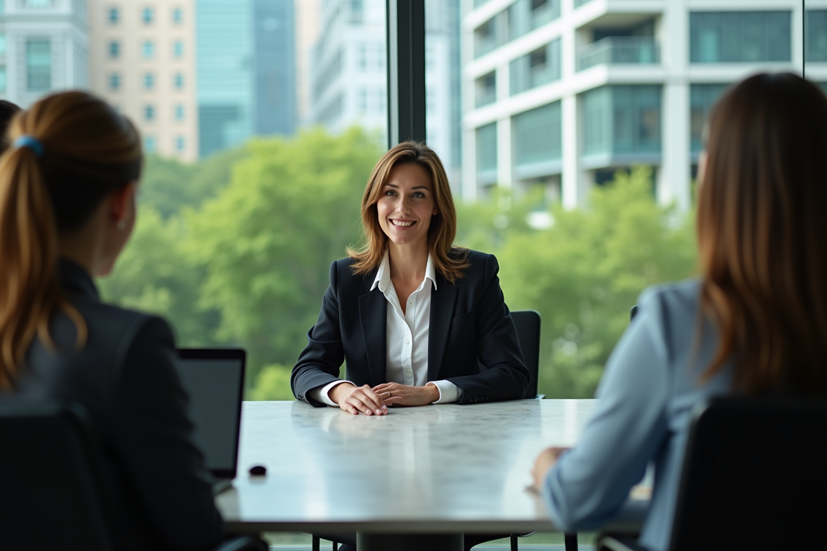 Femme CEO en réunion avec collègues dans une salle vitrée
