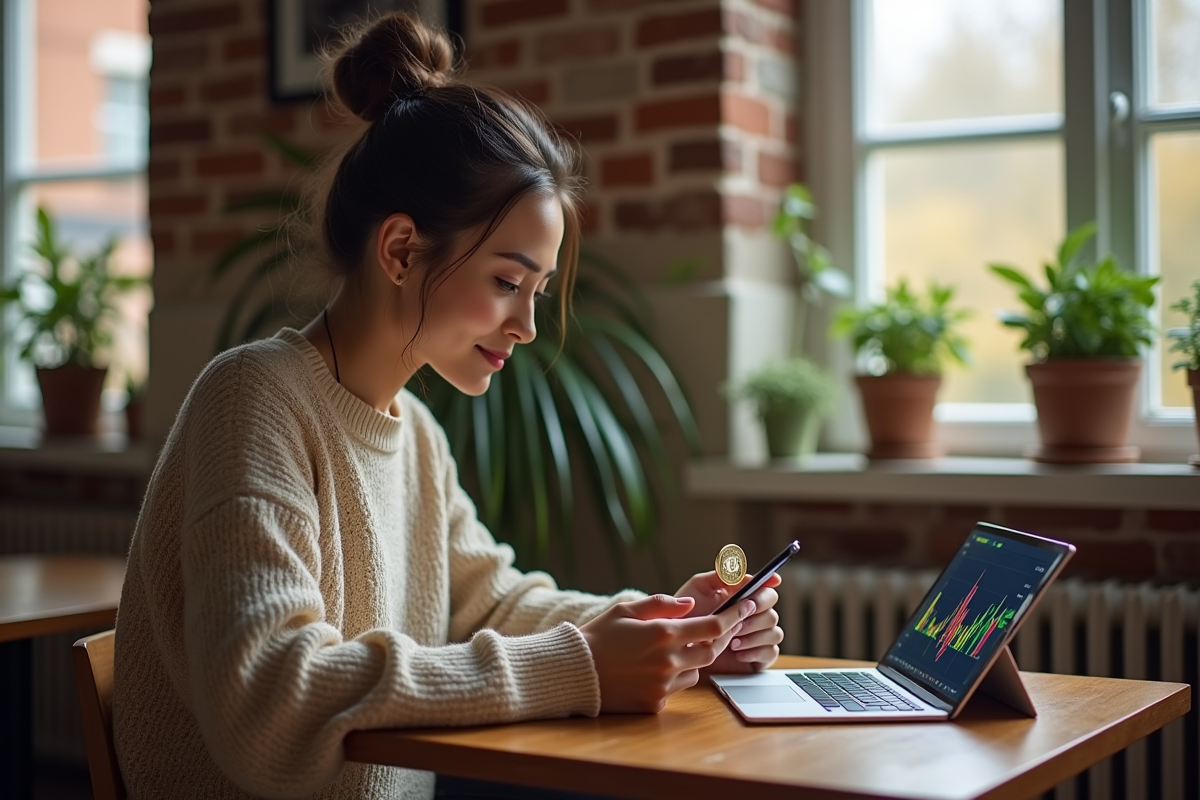 Jeune femme examine une pièce de bitcoin dans son appartement
