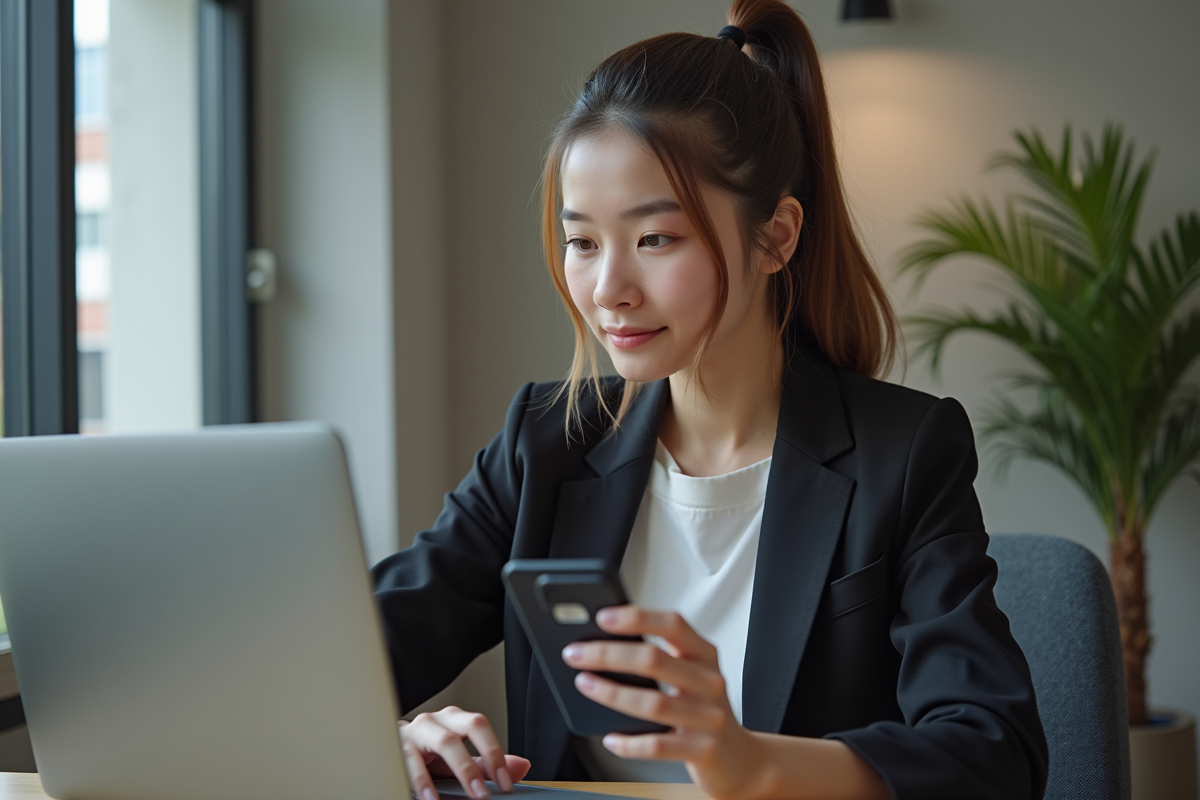Jeune femme concentrée utilisant un portefeuille crypto à domicile