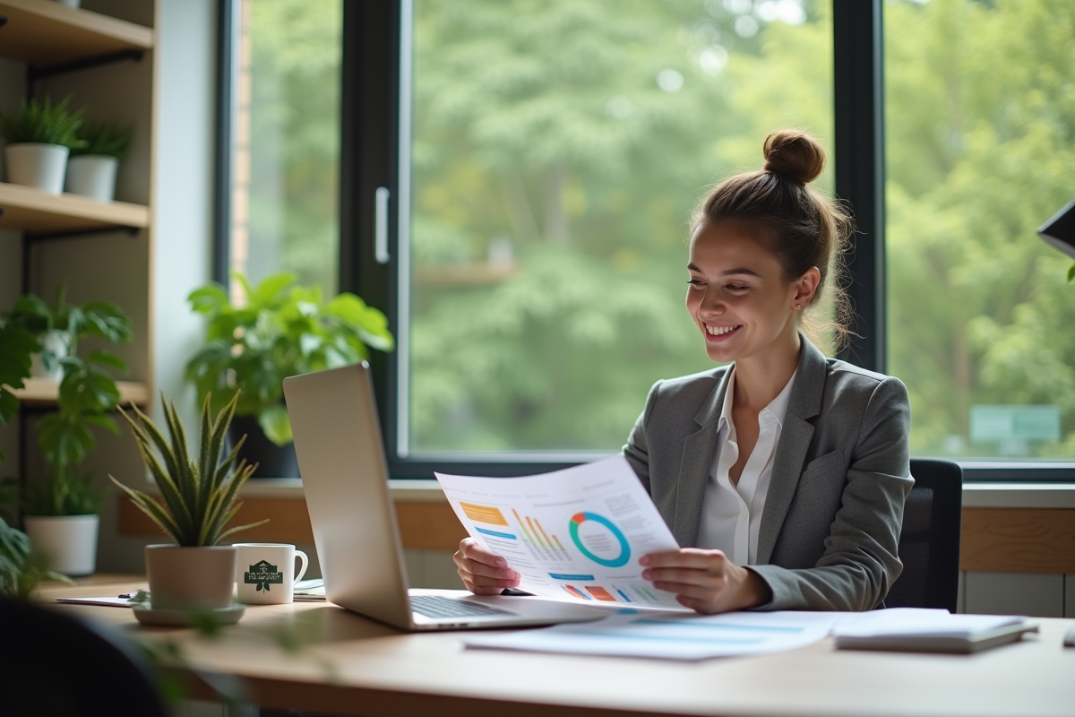 Jeune femme en bureau consultent des documents écologiques