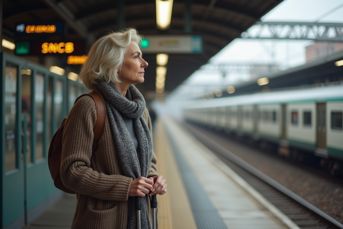 Femme dans une gare belge attendant le train