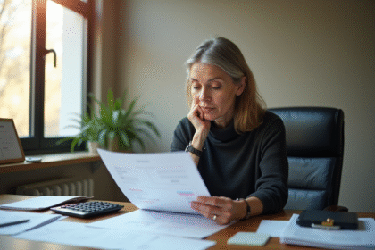 Femme d'âge moyen examinant documents financiers à son bureau