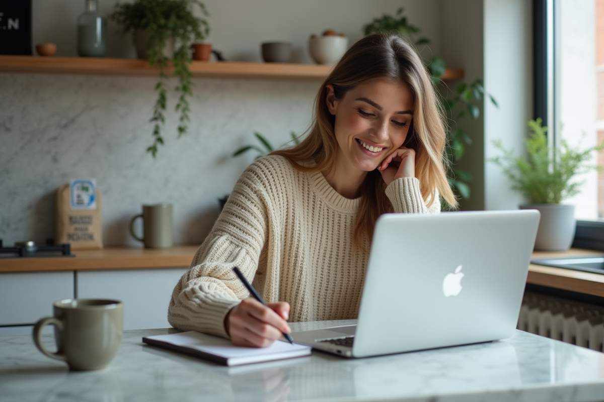 Femme vérifiant ses finances à la maison