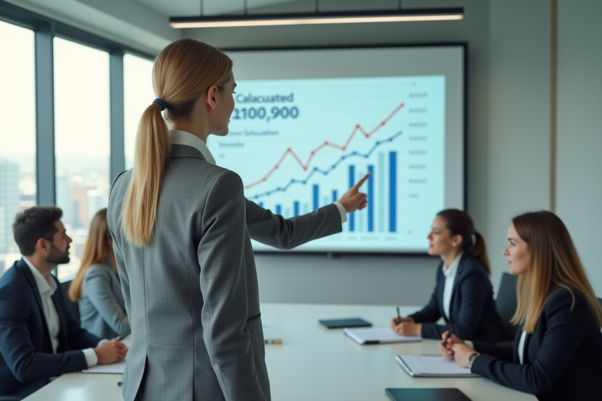 Jeune femme pointant un graphique dans une salle de réunion