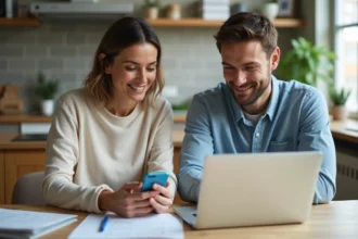 Femme et homme utilisant un ordinateur dans une cuisine moderne