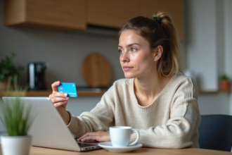 Femme réfléchie utilisant son smartphone et sa carte bancaire