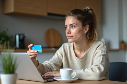 Femme réfléchie utilisant son smartphone et sa carte bancaire