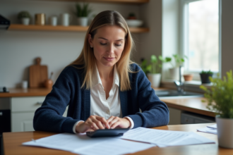 Femme calme utilisant un calculateur dans une cuisine chaleureuse