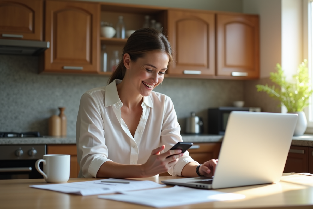Femme souriante utilisant son smartphone à la maison