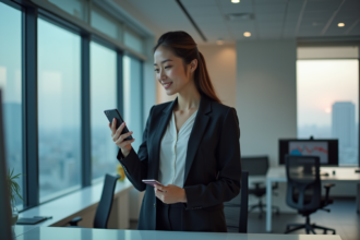 Jeune femme d'affaires utilisant une carte sans contact au bureau