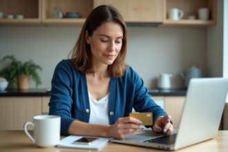 Femme assise à la cuisine vérifiant une carte prépayée