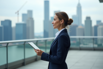Femme d'affaires en ville avec tablette et skyline