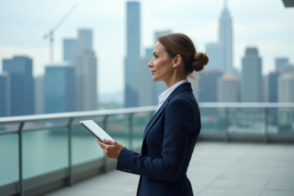 Femme d'affaires en ville avec tablette et skyline