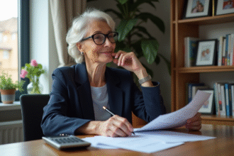 Femme retraitée souriante dans son bureau à domicile