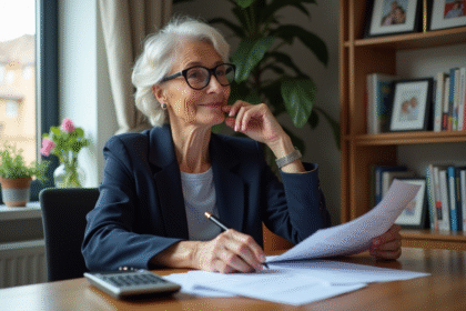 Femme retraitée souriante dans son bureau à domicile