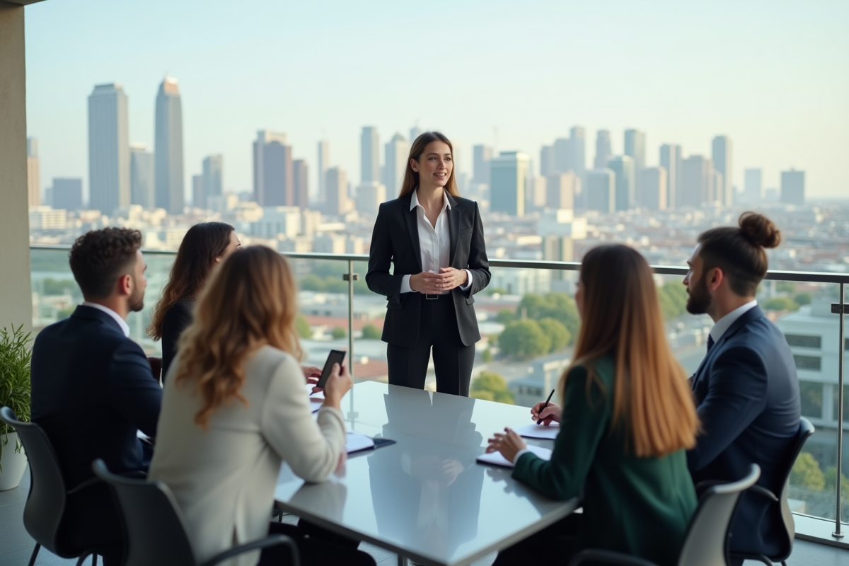 Femme en réunion sur un toit avec vue sur la ville
