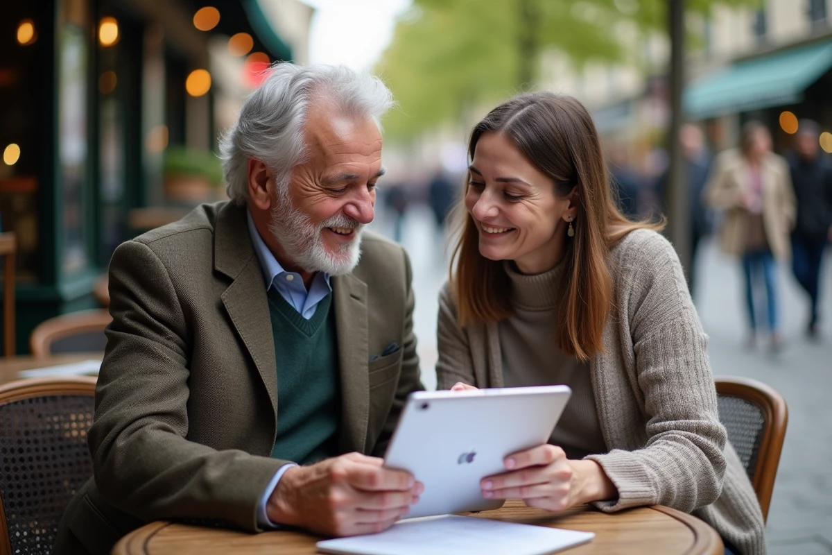 Femme et homme âgé discutant avec une femme au café en plein air