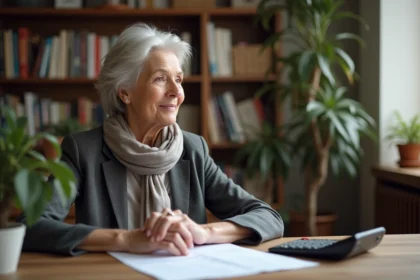 Femme senior réfléchissant à ses documents dans un appartement