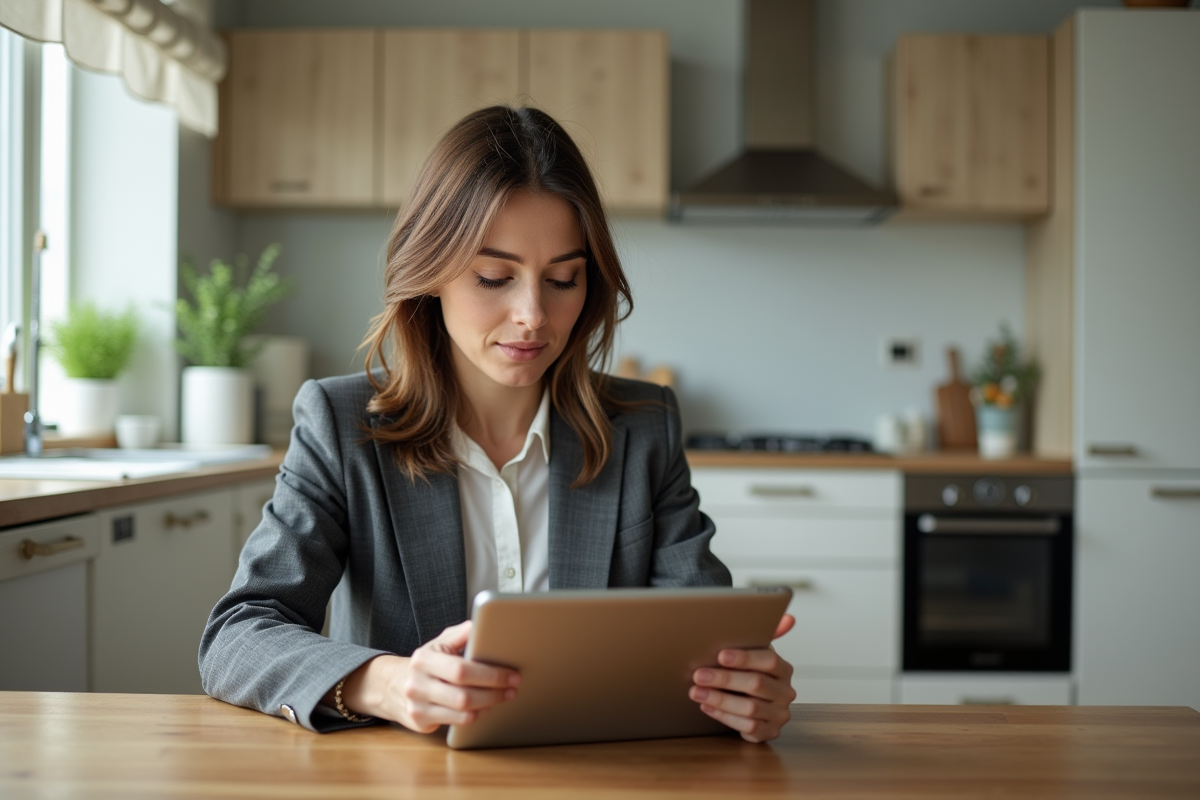 Femme utilise une tablette pour consulter ses économies d