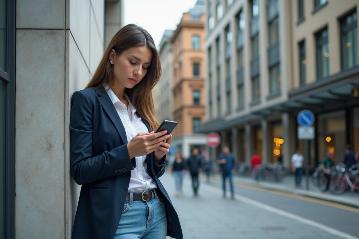 Jeune femme vérifiant une application financière sur son téléphone en ville