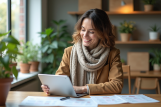 Femme souriante dans un bureau moderne avec documents verts