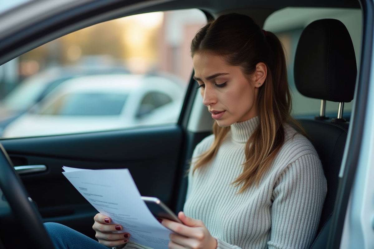 Jeune femme dans sa voiture regardant une lettre d