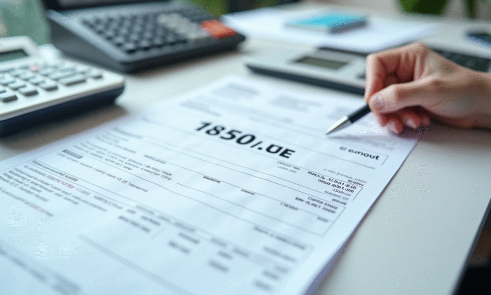 Fiche de paie avec 1850 euros en évidence dans un bureau moderne
