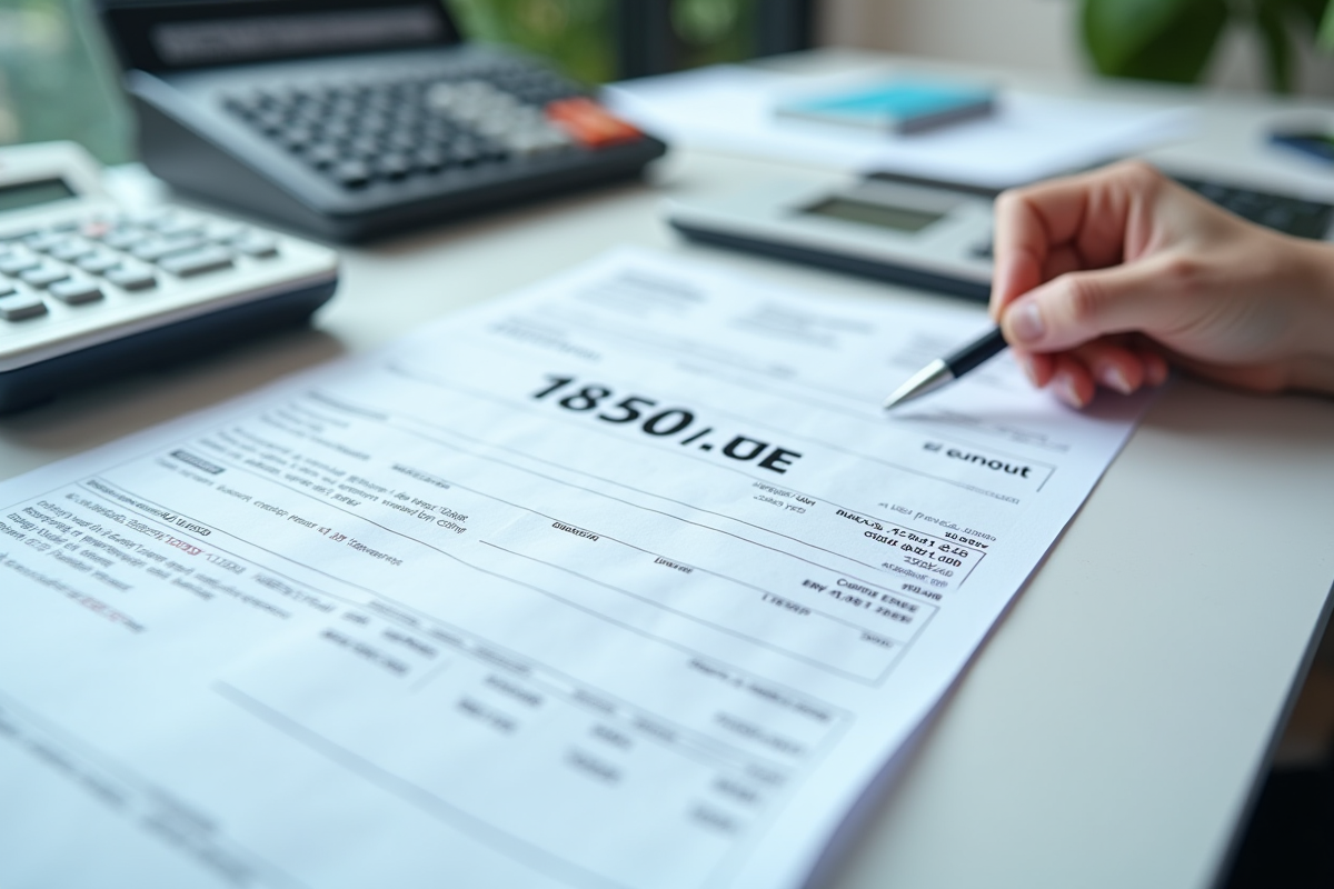 Fiche de paie avec 1850 euros en évidence dans un bureau moderne