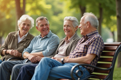 Groupe de seniors souriants dans un parc en ville