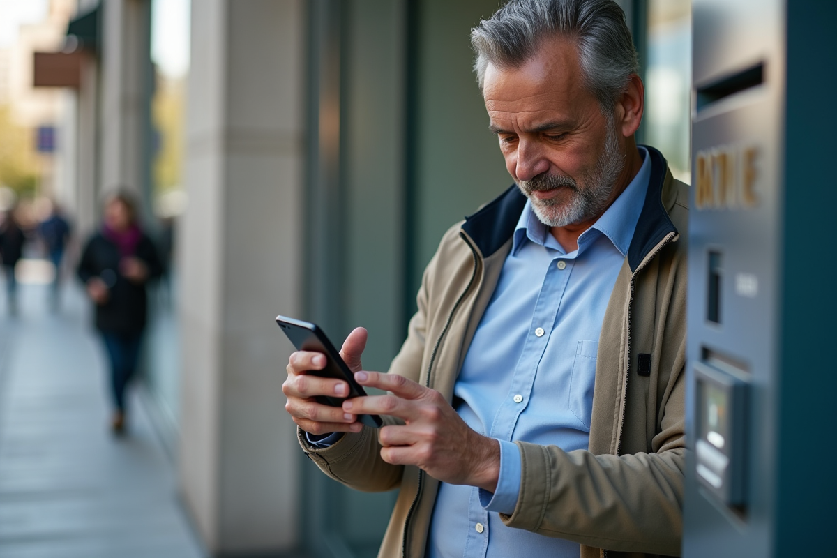 Homme utilisant un distributeur automatique pour crypto en extérieur