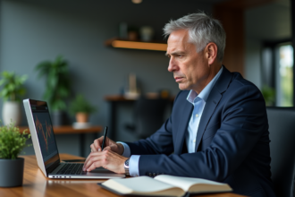 Homme d'affaires en costume analyse des graphiques financiers