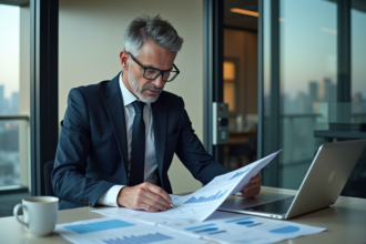Homme d'affaires en costume analyse des graphiques financiers