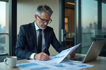 Homme d'affaires en costume analyse des graphiques financiers