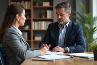 Homme d'affaires en costume bleu avec conseiller bancaire